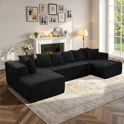 130" U Shaped Boneless Couch, Cloud Boneless Sectional Couches for Living Room, Modular Spineless Sofa Bed with Deep Seat, High Density Foam Floor Couch with 8 Pillows No Assembly, Black Corduroy