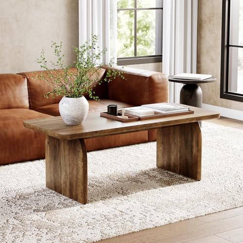 Farmhouse Coffee Table, 47 Inches Wooden Center Tables with Rounded Corners, Rectangular Living Room Tables, Modern Low Cocktail Tea Furniture for Living Room (Rustic Brown)