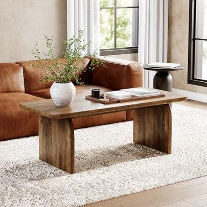 Farmhouse Coffee Table, 47 Inches Wooden Center Tables with Rounded Corners, Rectangular Living Room Tables, Modern Low Cocktail Tea Furniture for Living Room (Rustic Brown)