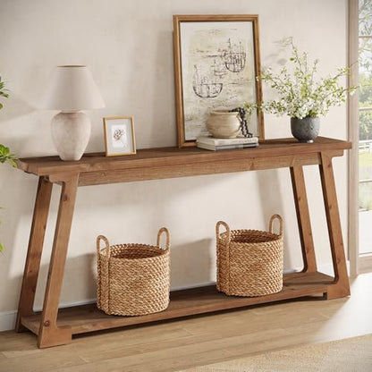 Solid Wood Console Table, 63-Inch Long Couch Table Behind Sofa with 2-Tier Storage, Narrow Entryway Accent Furniture for Living Room, Hallway, Entrance, Foyer (Natural)