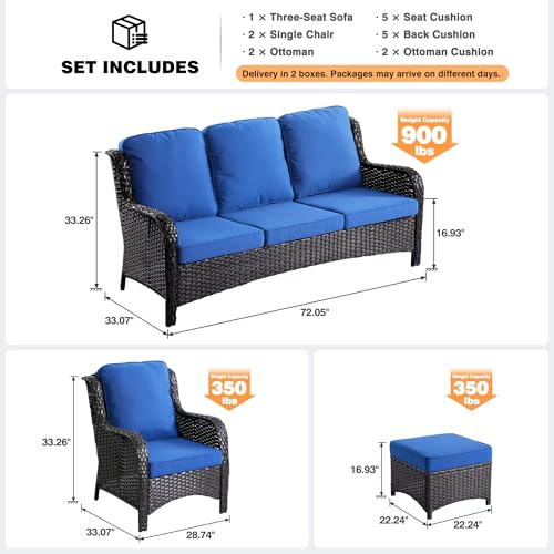 5-Pieces Patio Furniture Set, Outdoor Wicker Sofa Couch with Chairs Ottomans Comfy Cushions, High Back Modern All Weather Conversation Set, Brown Rattan, Navy Blue