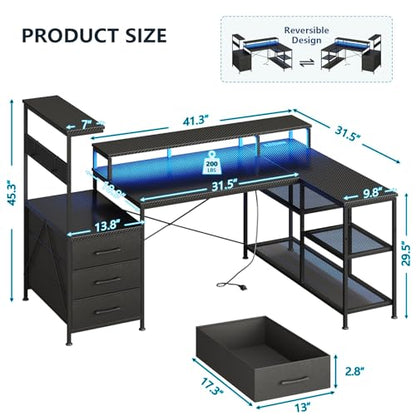 L Shaped Gaming Desk with Drawers & Storage Shelves, Corner Gaming Desk with Power Outlets & LED Light, Reversible Computer Desk with Monitor Stand & Hooks, Carbon Fiber Black