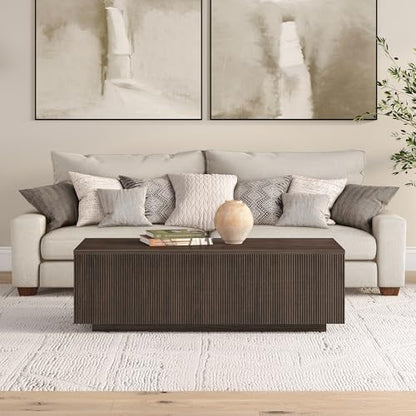 48" Fluted Rectangular Low-Profile Coffee Table with Ribbed Base for Living Room, Family Room, or Office, Rich Brown