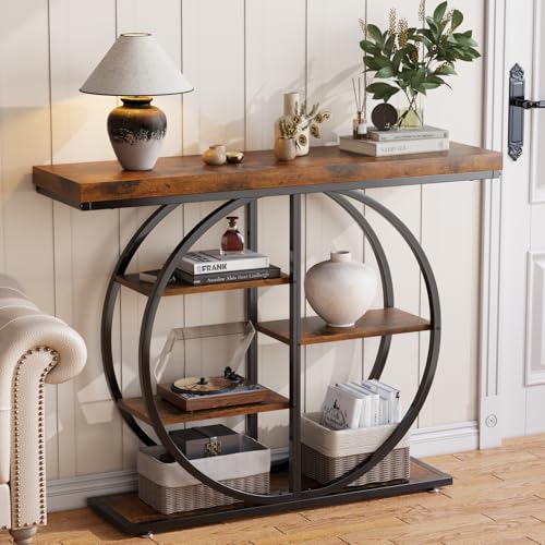 41.3" Console Table for Entryway, Industrial Hallway Sofa Table with Storage Shelves, Narrow Accent Decor Living Room Furniture with Circle Base for Foyer, Entrance, Rustic Brown