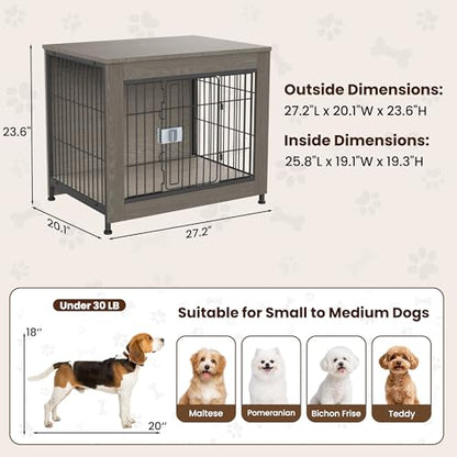 Wooden Dog Crate Furniture 27" for Small to Medium Dogs, Greige, view 4