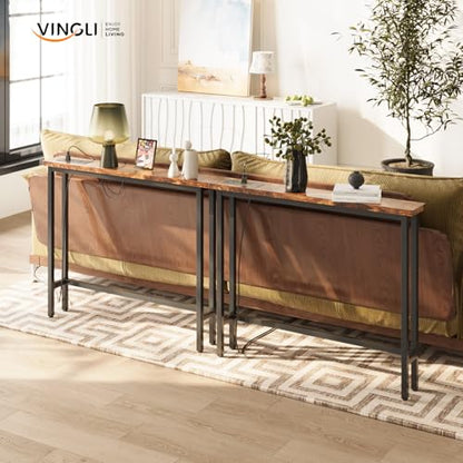 79" Console Table with Power Outlet, 5.9" Narrow Sofa Table Set of 2, Entryway Table with Charging Station & 4.9 Ft Extension Cord & Adjustable Feet, for Living Room, Hallway, Rustic Brown