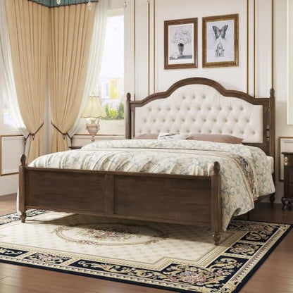 Luxury Queen Size Bed Frame with Upholstered Tufted Headboard,Walnut, view 2