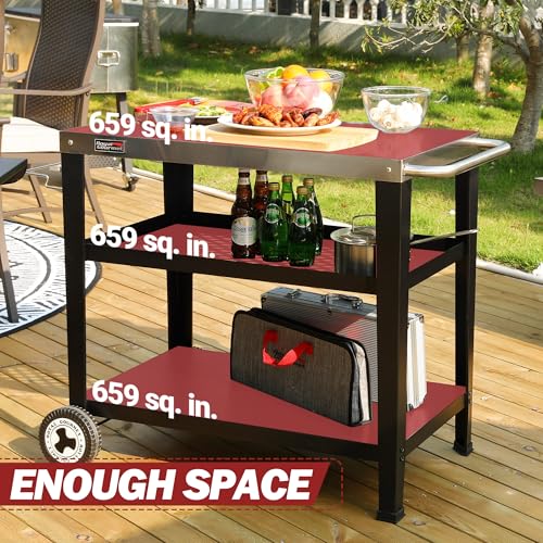 PC3404S Rolling Dining Table with Trash Bag Holder, Outdoor Garden Patio BBQ Kitchen Food Prep Table Cart, 34"L x 20"W Stainless Steel Tabletop, Silver & Black