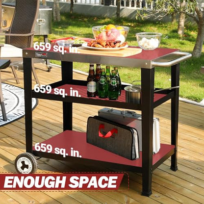 PC3404S Rolling Dining Table with Trash Bag Holder, Outdoor Garden Patio BBQ Kitchen Food Prep Table Cart, 34"L x 20"W Stainless Steel Tabletop, Silver & Black