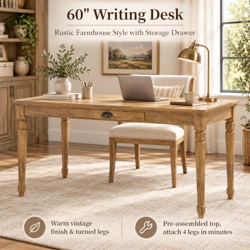 60" Farmhouse Writing Desk with Drawer, French Country Desk, view 4