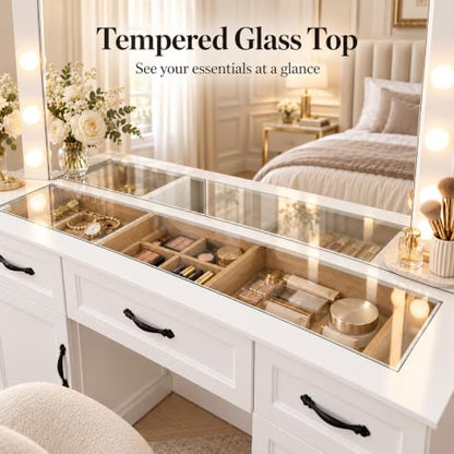 Large Vanity Desk with Mirror and Lights, 55" Makeup Vanity Table with Glass Top, view 4