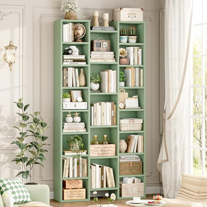 71'' Tall Bookshelf with 21 Cubes, 8 Tier Triple Wide Bookshelf with 8 Adjustable Shelves, 35" Large Bookcase DVD/CD Media Tower Storage, Freestanding Display Shelf Cabinet, Green