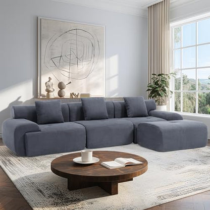 122 Inch Modular Sectional Sofa, Premium Corduroy Cloud Couch with Ottoman, 1200lbs Capacity Heavy Duty Deep Seat Sectional, High-Density Foam (Gray, 3 Seater & 1 Ottoman)