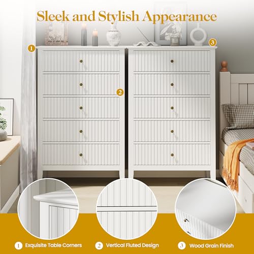 White Fluted 5 Drawer Dresser for Bedroom, Tall Chest of Drawers, view 7