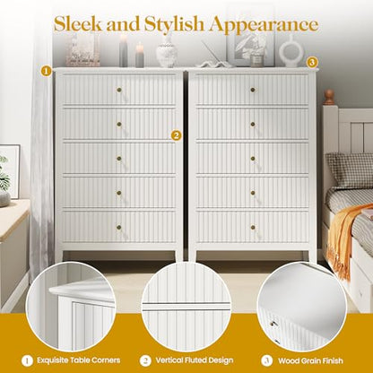 White Fluted 5 Drawer Dresser for Bedroom, Tall Chest of Drawers, view 7