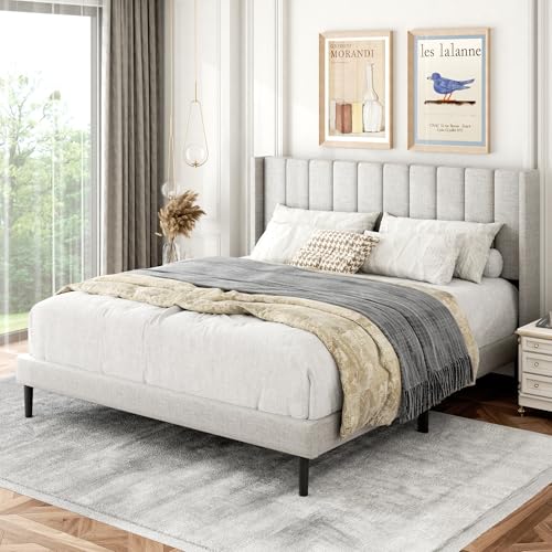 Queen Size Bed Frame with Upholstered Wingback Headboard, view 7