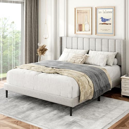 Queen Size Bed Frame with Upholstered Wingback Headboard, view 7