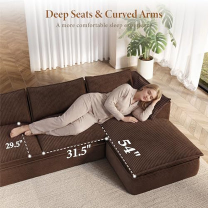 141.7" Oversized Boneless Sectional Couch, Modern 7 Seater Modular Sofa with Chaise & Ottoman, Deep Seat Corduroy Cloud Couches for Living Room, No Assembly Required, Dark Brown