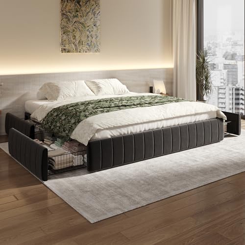 King Size Velvet Upholstered Platform Bed Frame with 4 Storage Drawers, view 4
