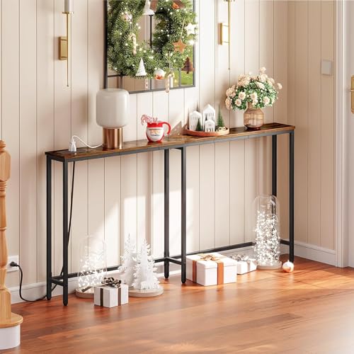 63" Narrow Console Table with Charging Station, 5.9" Slim Sofa Table Behind Couch, 2 AC Outlets & USB-C Ports, Long Entryway Tables for Small Spaces, Livingroom, Rustic Brown BF165UXG01G1