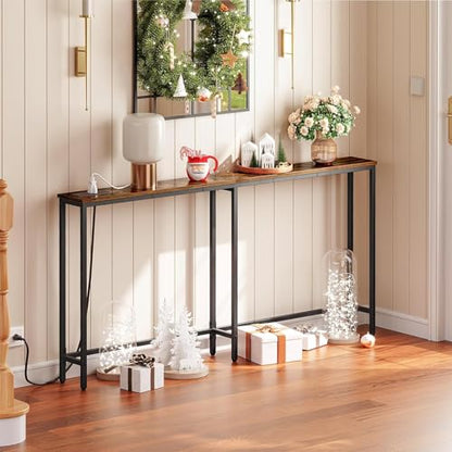 63" Narrow Console Table with Charging Station, 5.9" Slim Sofa Table Behind Couch, 2 AC Outlets & USB-C Ports, Long Entryway Tables for Small Spaces, Livingroom, Rustic Brown BF165UXG01G1