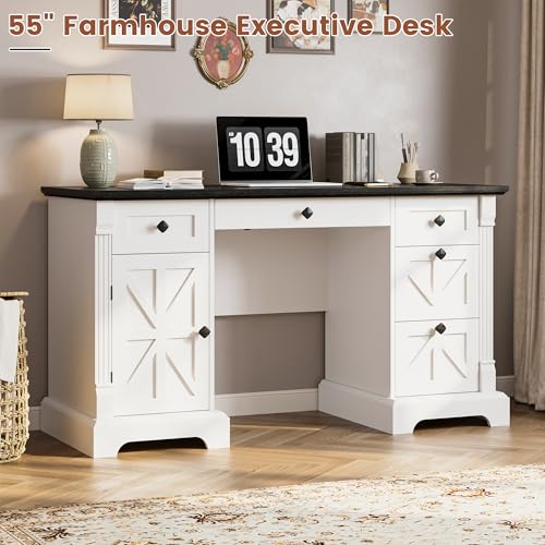 55'' Farmhouse Executive Desk with Drawers, White, view 7