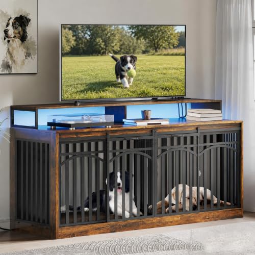 71" Double Dog Crate Furniture with Power Outlets & LED Light, view 2