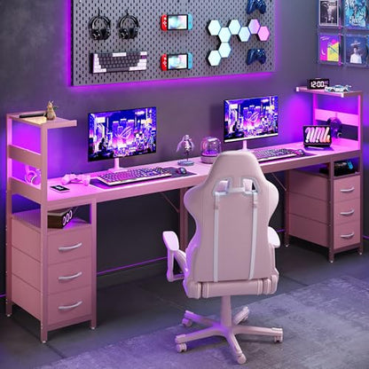 48 Inch Gaming Computer Desk with Led Lights, Small Desk with Storage Shelves and Drawers, Reversible Compact Gamer Table for Home Office, Carbon Fiber Pink