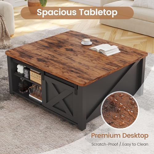 31.5" Lift Top Coffee Table with Storage, Square Coffee Tables for Living Room, Farmhouse Coffee Table with Large Hidden Storage Compartment and Adjustable Shelves, Black