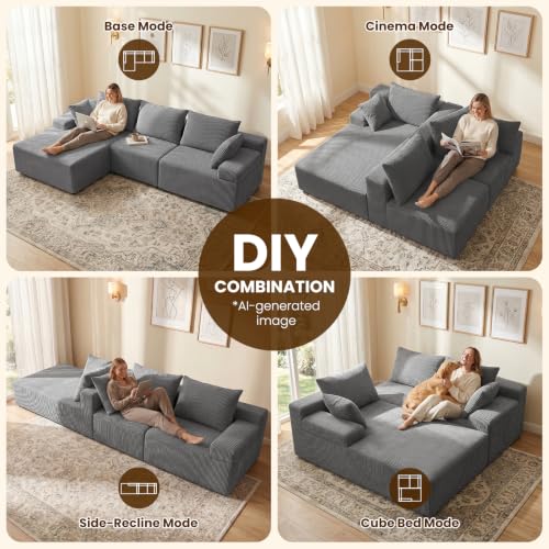108" Boneless Sectional Couch,Corduroy Cloud Couch Sectional for Living Room,Modern L Shaped Modular Sectional Couch,3 Seater Sofa (Dark Gray, 108.9" L Shaped with Left Facing Chaise)