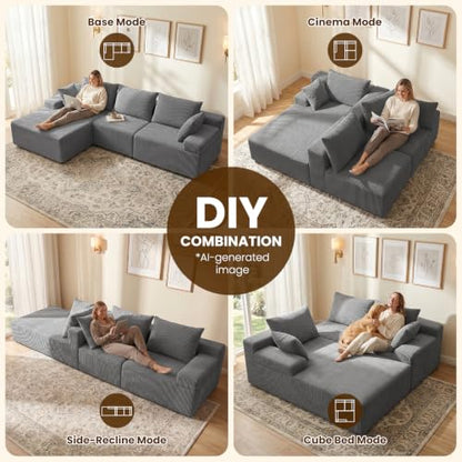 108" Boneless Sectional Couch,Corduroy Cloud Couch Sectional for Living Room,Modern L Shaped Modular Sectional Couch,3 Seater Sofa (Dark Gray, 108.9" L Shaped with Left Facing Chaise)