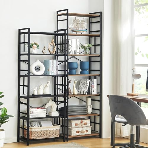 7 Tier Bookshelf,84 inch Tall Industrial Bookcase with Metal Frame and Open Shelves,Rustic Heavy Duty 7 Shelf Bookcase, Office Book Shelves for Living Room and Bedroom,Brown