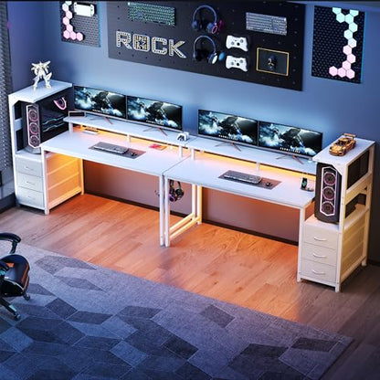L Shaped Gaming Desk with Shelves Storage Drawers 59'', White Computer Desks with LED Lights Power Outlets, Office Wood Table with PC Stand Cable Management for Bedroom Dual Monitor Streaming