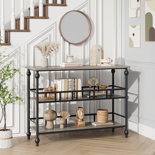 43" Console Table, 3-Tier Entryway Narrow Side Table with Shelves, Sofa Table for Living Room, Hallway, Bedroom, Rustic (Gray)