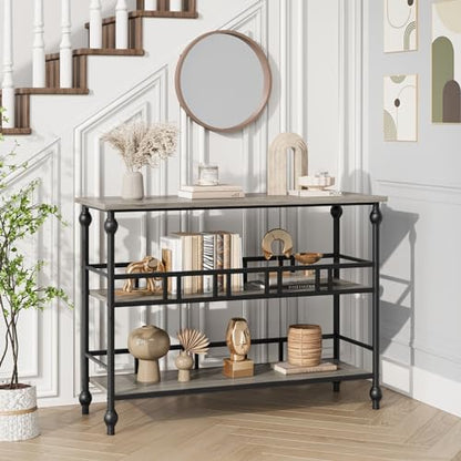 43" Console Table, 3-Tier Entryway Narrow Side Table with Shelves, Sofa Table for Living Room, Hallway, Bedroom, Rustic (Gray)
