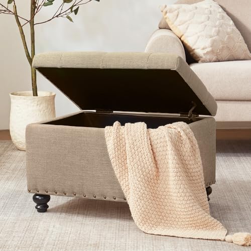 Small Ottoman with Storage, Upholstered Button Tufted Ottoman Foot Rest, Foot Stools, 24" Rectangle Bench with Storage for Living Room, Bedroom, Dorms and Apartments (Brown)