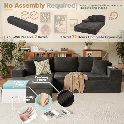 109" Boneless Couch with Memory Foam, Modular Sectional Sofa with L-Shape Chaise, Cloud Couch with Deep Seat, Dual Cup Holders & Side Pockets, No Assembly Required (Black)