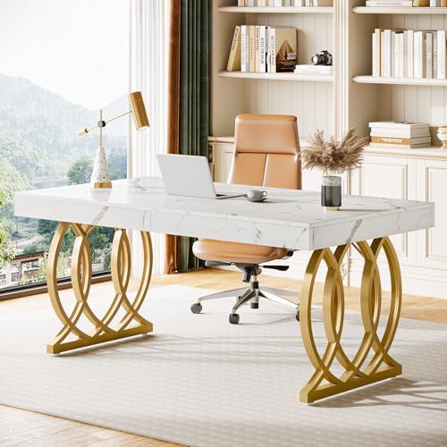Tribesigns 63-Inch Executive Desk, Modern Office Computer Desk with Stylish Gold Legs, Rectangular Workstation for Home Office, Small Conference Table for Meeting Room (White & Gold)