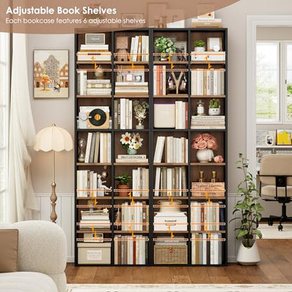 71'' Tall Bookshelf with 14 Cubes, 7 Tier Double Wide Wood Bookshelf with 6 Adjustable Shelves, 19.6" Narrow Bookcase DVD/CD Media Storage, Space Saving Display Shelf Cabinet, Black/Brown