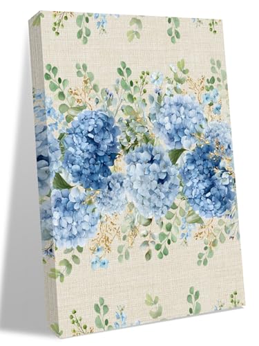 NuYeBiofx Blue Hydrangea Farm Eucalyptus Canvas Wall Art Prints,48"x32" Framed Picture Artwork Vintage Linen Texture Printed Canvas Oil Painting for Living Room Bedroom Office,Ready to Hang