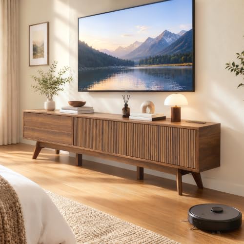 78" Fluted TV Stand with Power Outlet, Living Room TV Stand Walnut, view 2