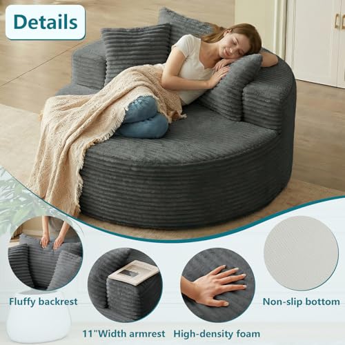 55'' Oversized Round Chaise Lounge Chair Indoor, Corduroy Sponge Deep Seat Single Sofa, Cloud Large Round Chairs, Modern Sleeper Chair for Living Room, Wide Armrest Chairs, No Assembly Required Gray