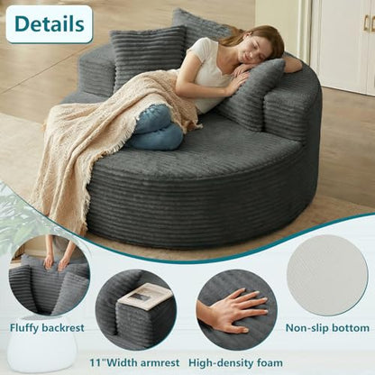 55'' Oversized Round Chaise Lounge Chair Indoor, Corduroy Sponge Deep Seat Single Sofa, Cloud Large Round Chairs, Modern Sleeper Chair for Living Room, Wide Armrest Chairs, No Assembly Required Gray