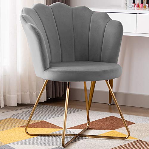 Shell Shaped Velvet Accent Chair, Bedroom Golden Metal Leg Grey