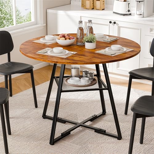 42" Round Dining Table for 4-6, Space Saving Kitchen Table with Dual-Tier Storage, Pedestal Metal Frame, Industrial Farmhouse Circle Dinner Tables for Apartment, Vintage Wood
