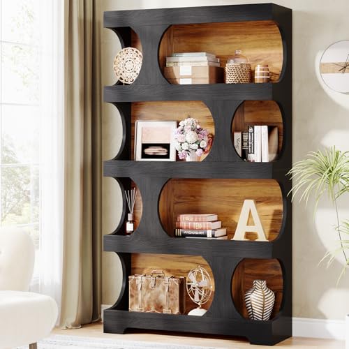 71" Tall Bookcase, 4-Tier S-Shaped Bookshelf, Wood Decorative Storage Shelving, view 2