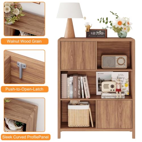 Bookshelf with Storage, 5 Cube Bookcase with Doors, Farmhouse Wood Cube Storage Organizer for Home Office, Bedrooom, Living Room (Walnut)
