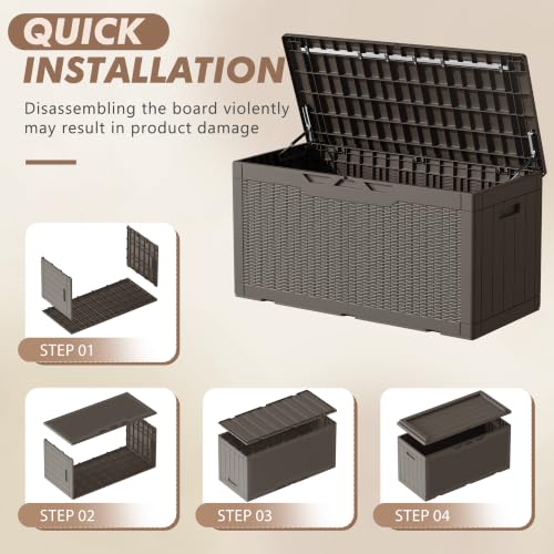 100 Gallon Deck Box, Waterproof Resin Outdoor Storage Box with Cushion for Outside and Patio, Large Outdoor Storage Bench Cabinet Lockable for Patio Furniture and Garden Tools (Deep Brown)