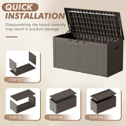 100 Gallon Deck Box, Waterproof Resin Outdoor Storage Box with Cushion for Outside and Patio, Large Outdoor Storage Bench Cabinet Lockable for Patio Furniture and Garden Tools (Deep Brown)