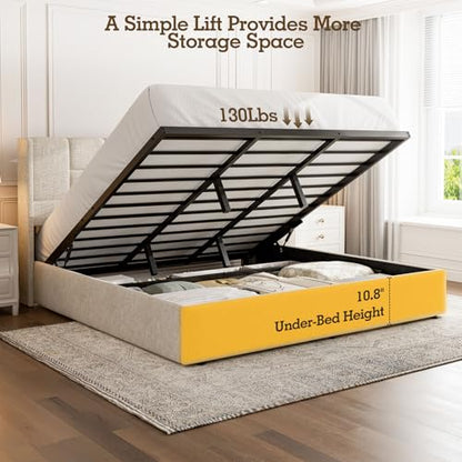King Bed Frame with Hydraulic Gas Lift Up Storage, Linen Upholstered, view 5